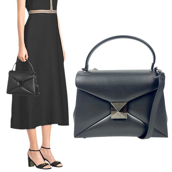 Valentino Garavani One Stud Small Top Handle Leather Flap Bag Black - Picture 1 of 16